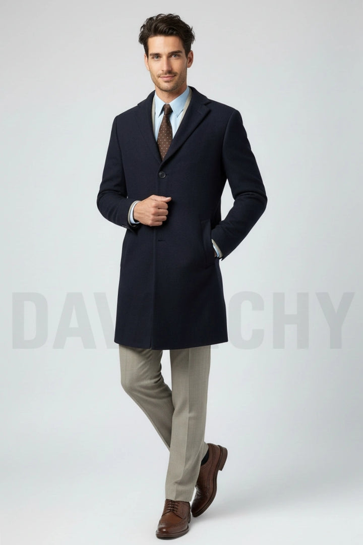 Men navy blue wool trench coat-Front