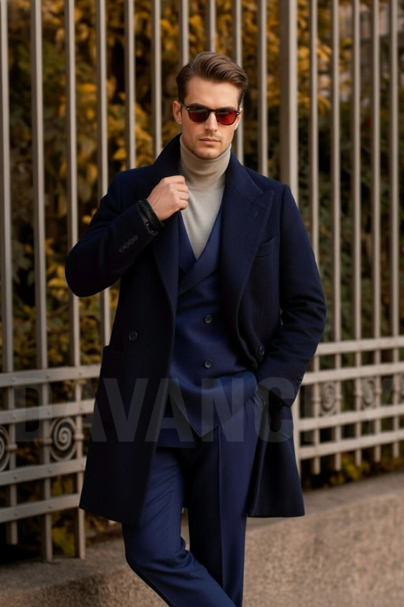Men Navy Blue Trench Coat-Front