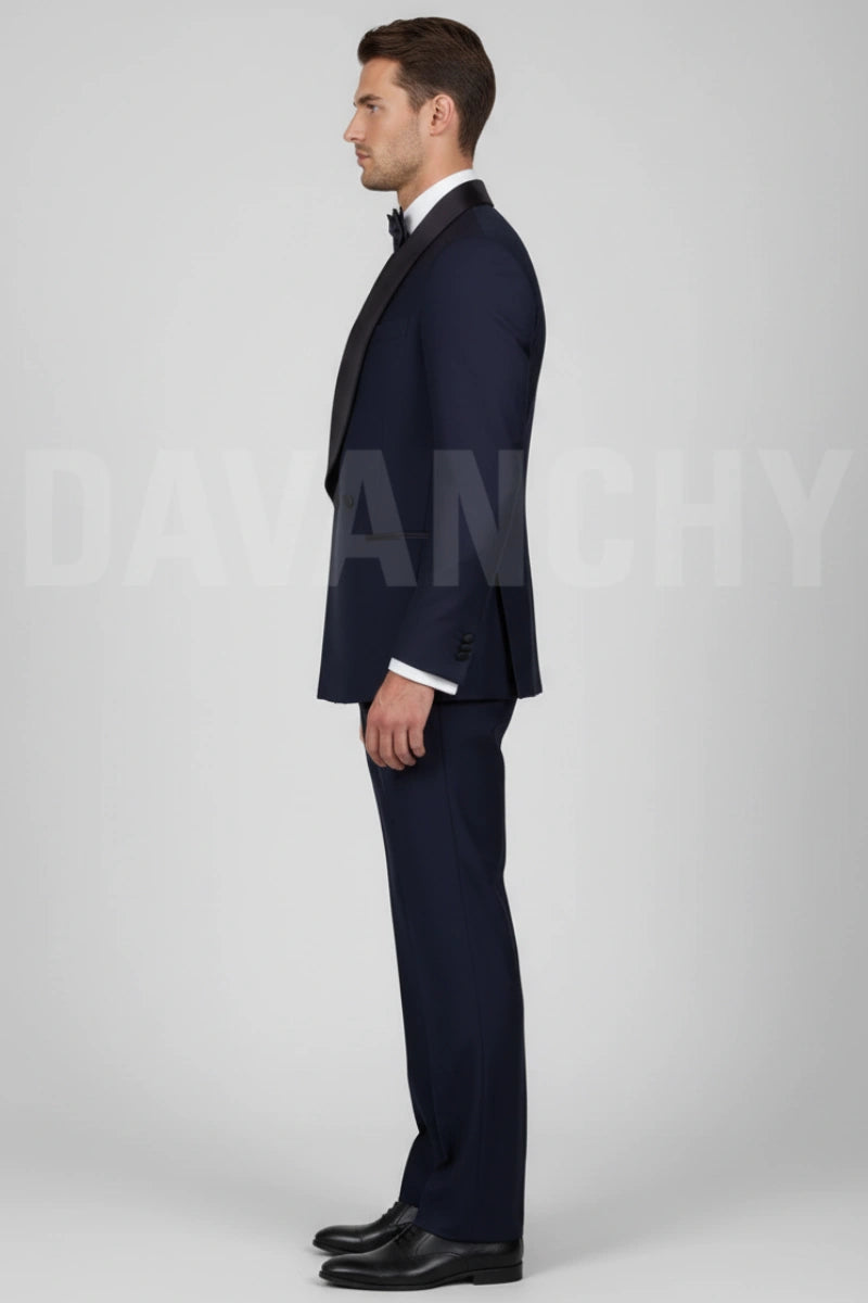 Men Navy Blue Formal Suit Tuxedo Two Piece-Side