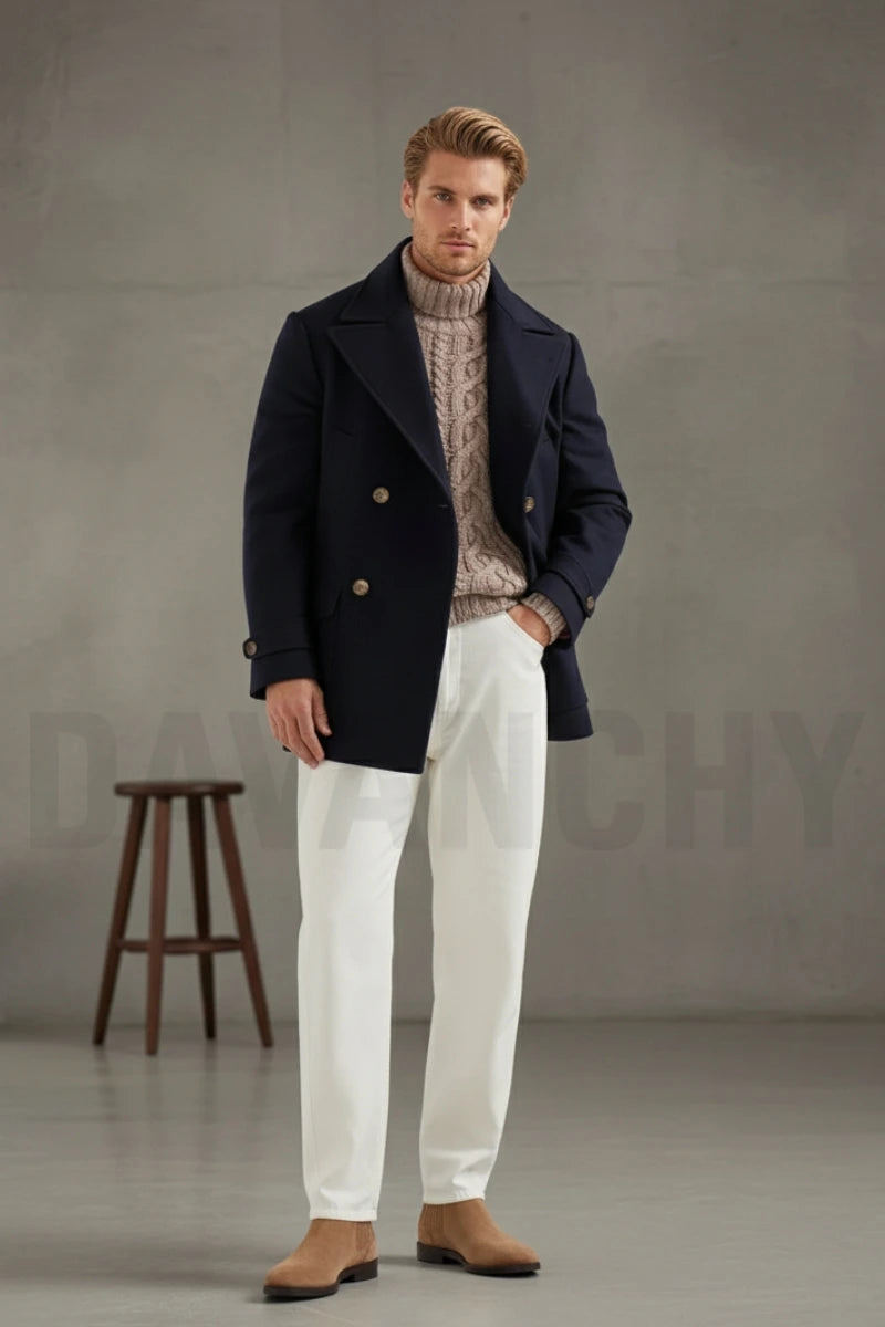 Men Navy Blue Wool Peacoat -Front 