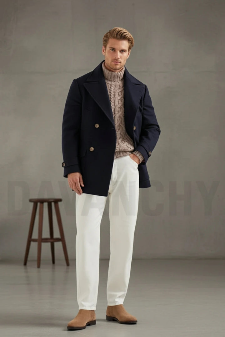 Men Navy Blue Wool Peacoat -Front 