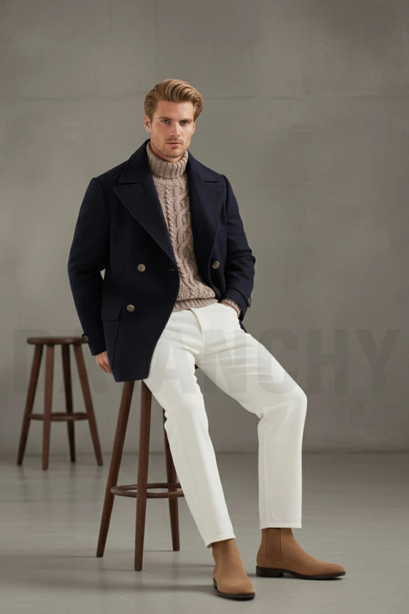 Men Navy Blue Tweed Double-Breasted Peacoat-Front