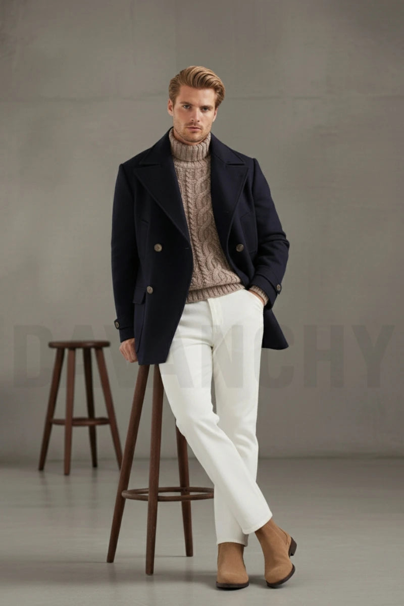 Men Navy Blue Peacoat with Notch Lapel Collar -Front