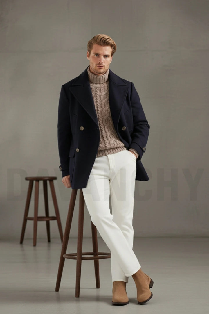 Men Navy Blue Peacoat with Notch Lapel Collar -Front