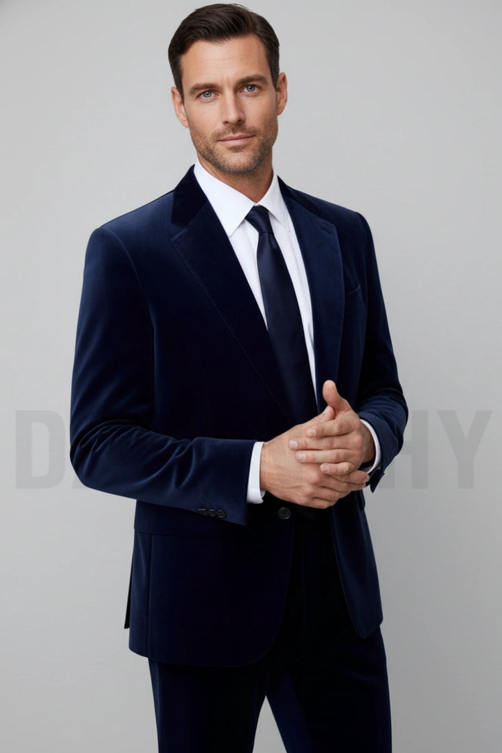 navy velvet business suit-Front