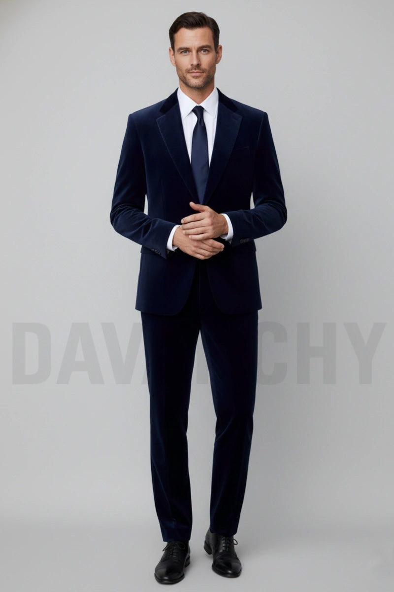 Men navy blue velvet suit-Front