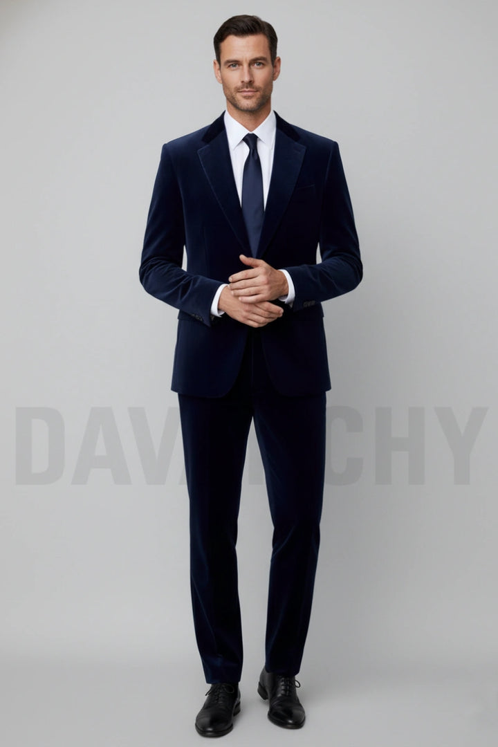 Men navy blue velvet suit-Front