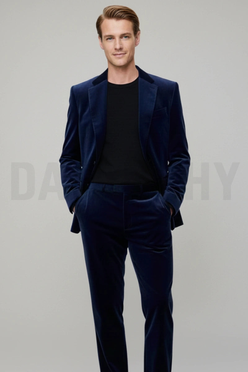 Premium Navy Blue Velvet Two Piece Suit-Front