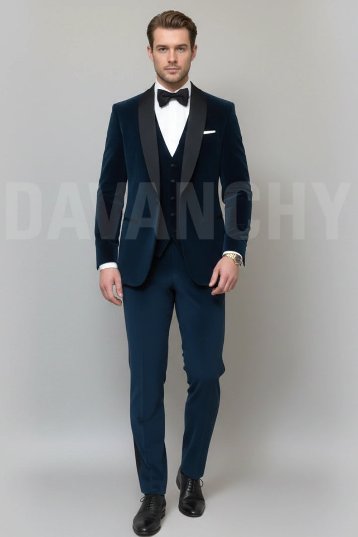 Men Navy Blue Velvet Three Piece Tuxedo Suit-Front
