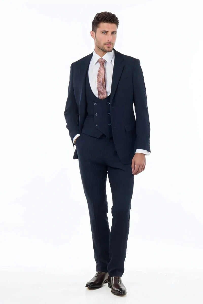 Elegant navy blue suit for weddings full outfit-Front