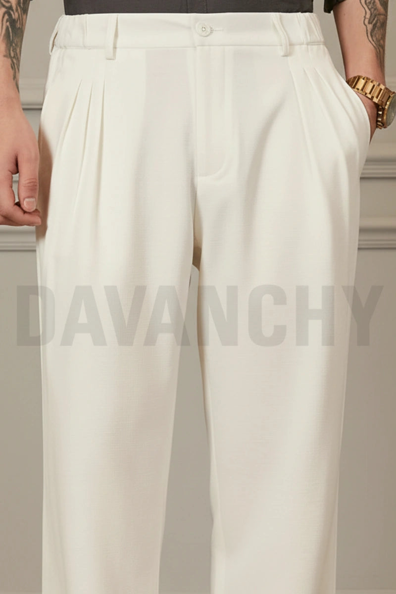 Men Off White Pleated Formal Pant – Classic Loose Fit Smart Trouser