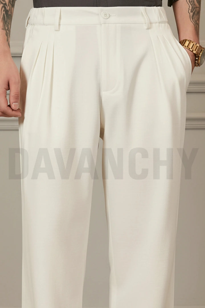 Men Off White Pleated Formal Pant – Classic Loose Fit Smart Trouser