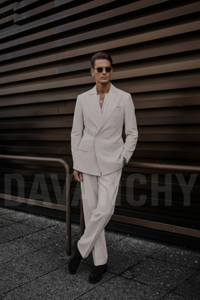 Men Off White Double Breasted Two Piece Suit-Front