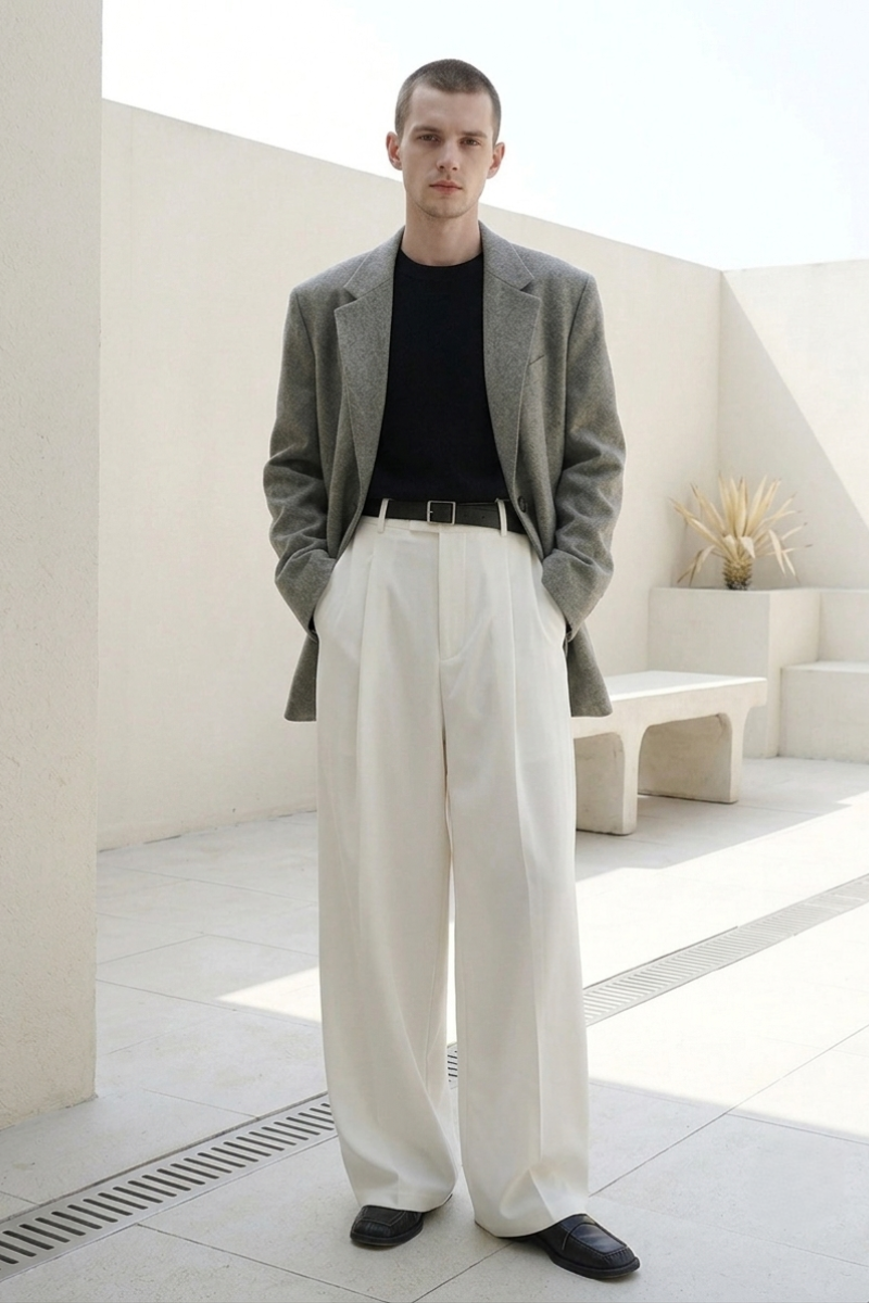 Off White Pleated Wide Leg Pant For Men (Full Front)  