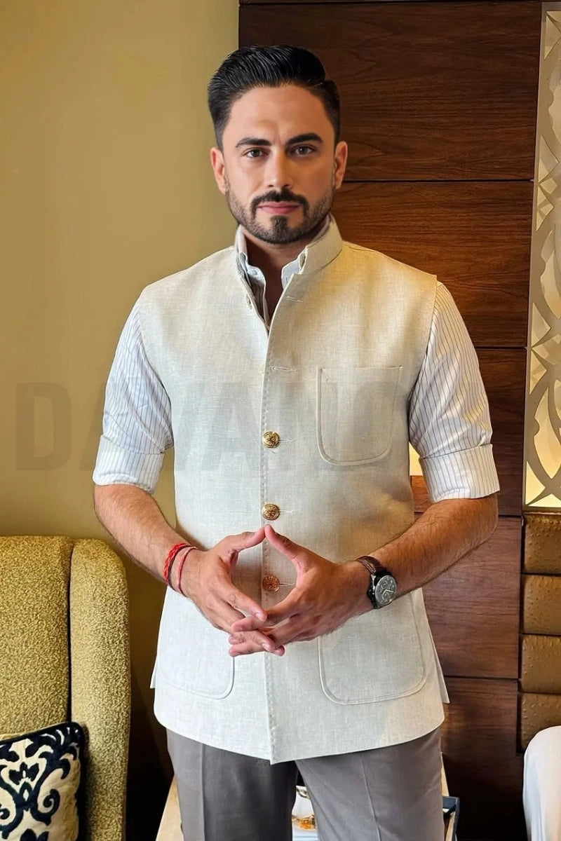 Men Off White Linen Nehru Jacket-Front