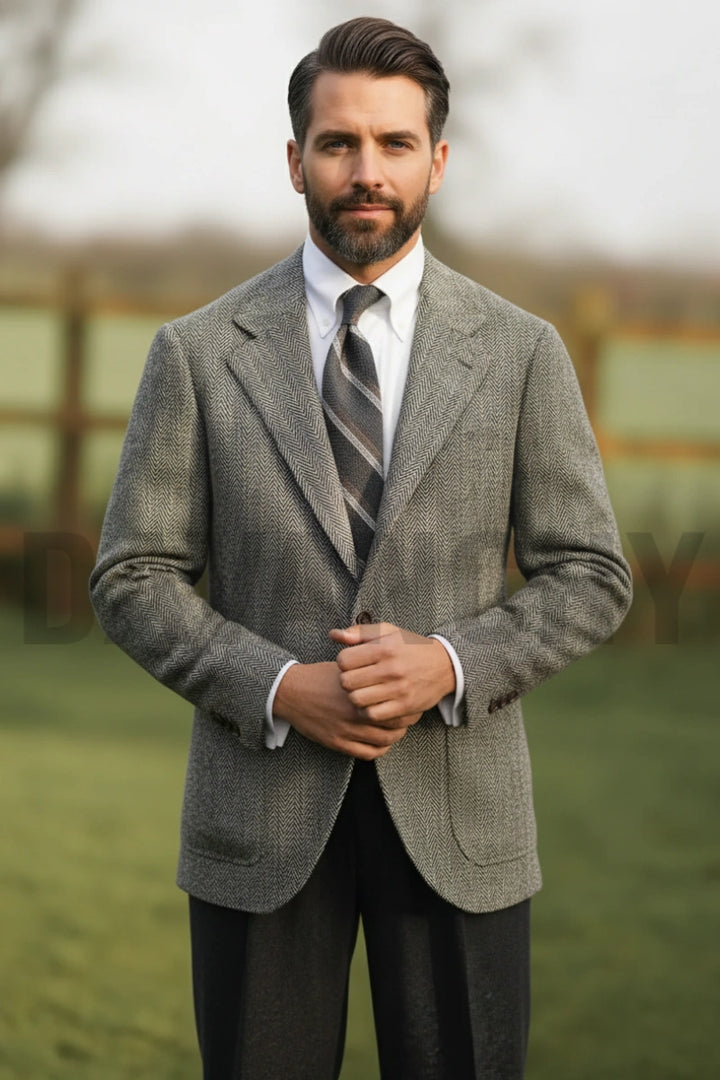 Premium men formal off white and black herringbone coat-Front