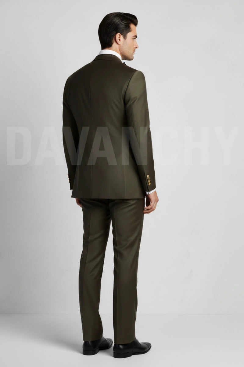Olive Green Double Breasted Suit Men-Back