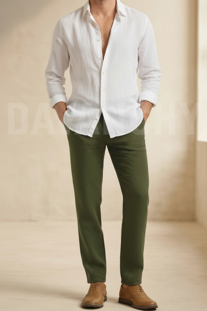 Men Olive Green Casual Linen Pant-Front