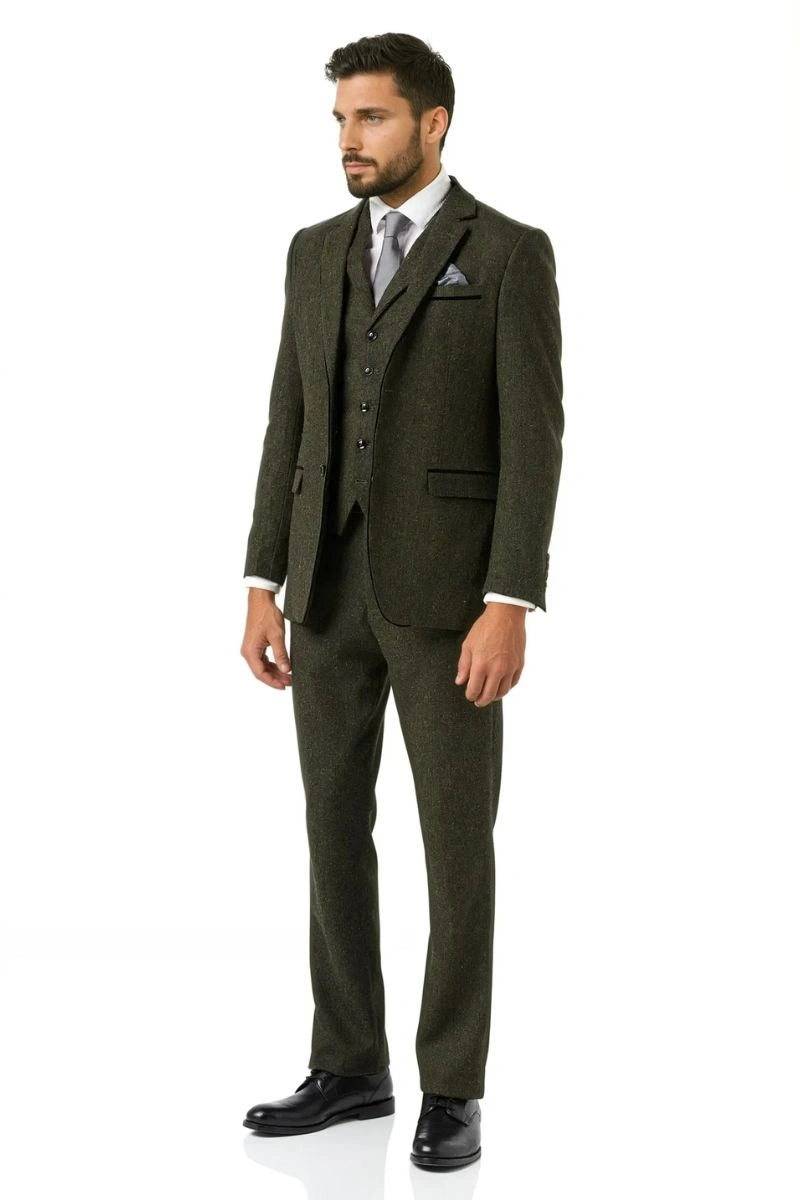 Men Olive Green Three Piece Suit -Front