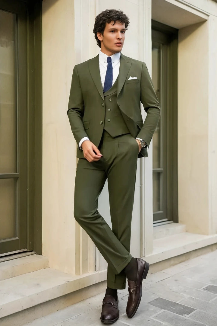 Men Olive Green Three Piece Suit Stylish Formal Suit Classic Office Wear Suit