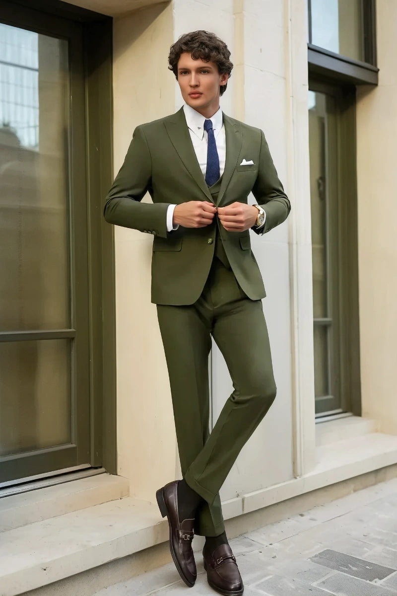Men Olive Green Three Piece Suit Stylish Formal Suit Classic Office Wear Suit