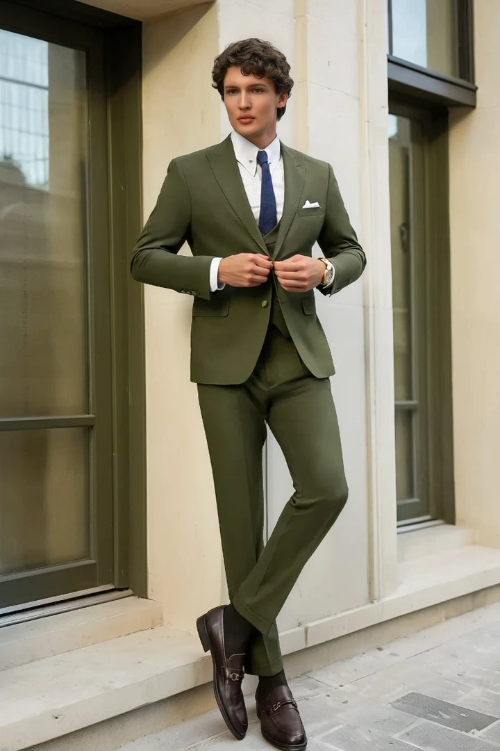 Men Olive Green Three Piece Suit Stylish Formal Suit Classic Office Wear Suit