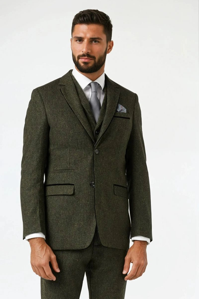 Stylish Olive Green Three Piece Suit-Side