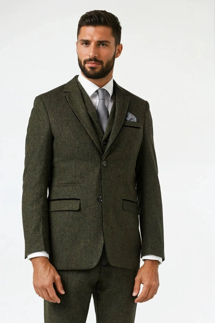 Stylish Olive Green Three Piece Suit-Side