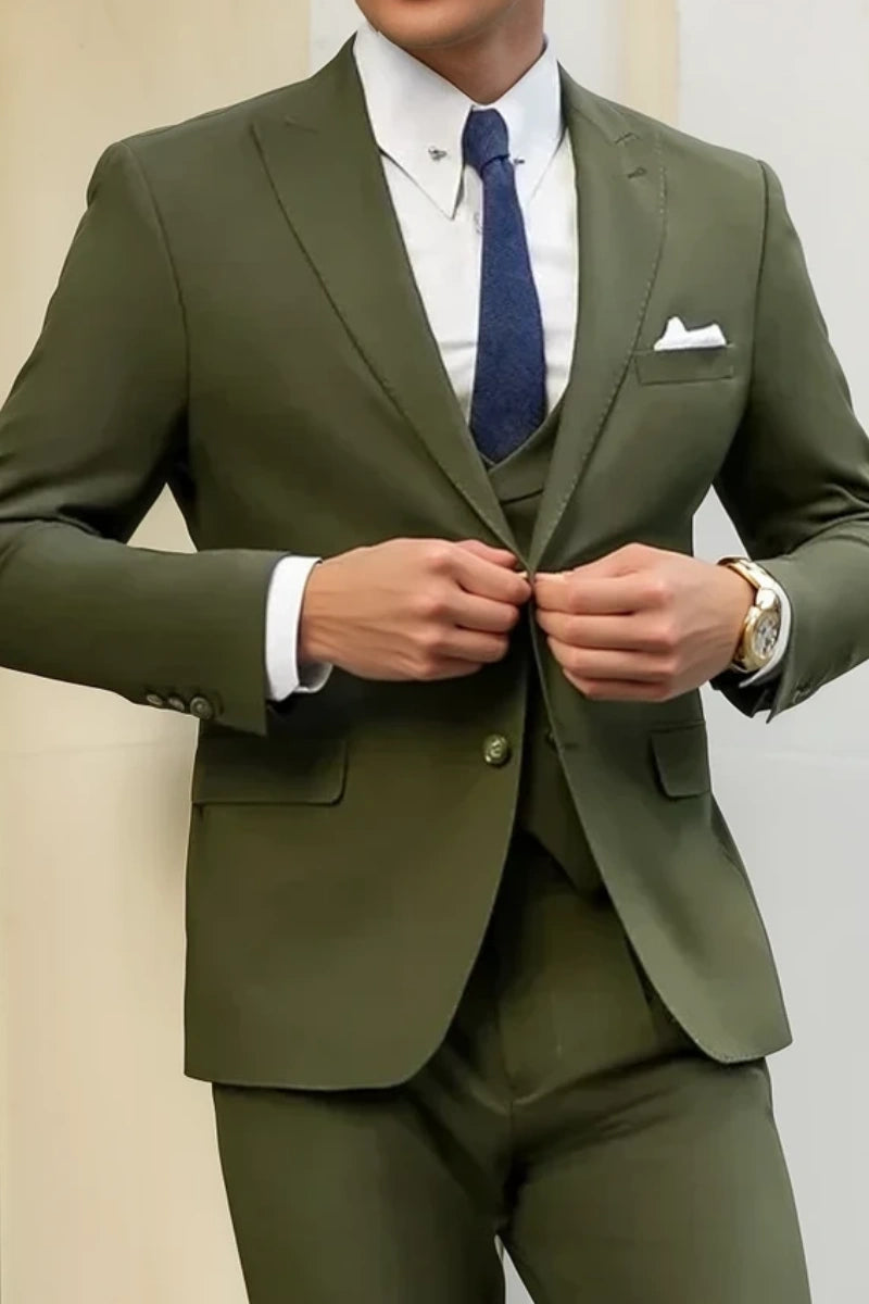 Men Olive Green Three Piece Suit Stylish Formal Suit Classic Office Wear Suit