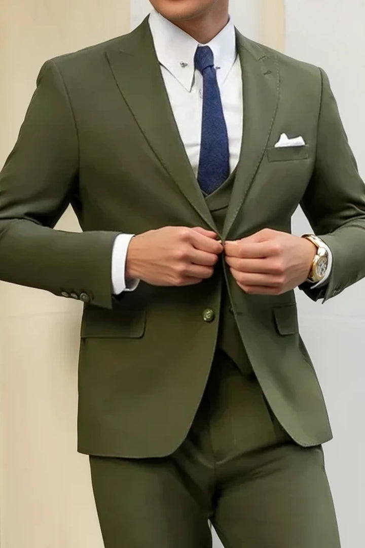 Men Olive Green Three Piece Suit Stylish Formal Suit Classic Office Wear Suit