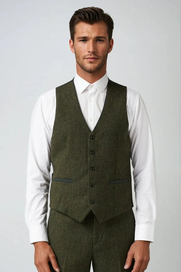 Olive green tweed waistcoat for men. Perfect for special occasions-Front