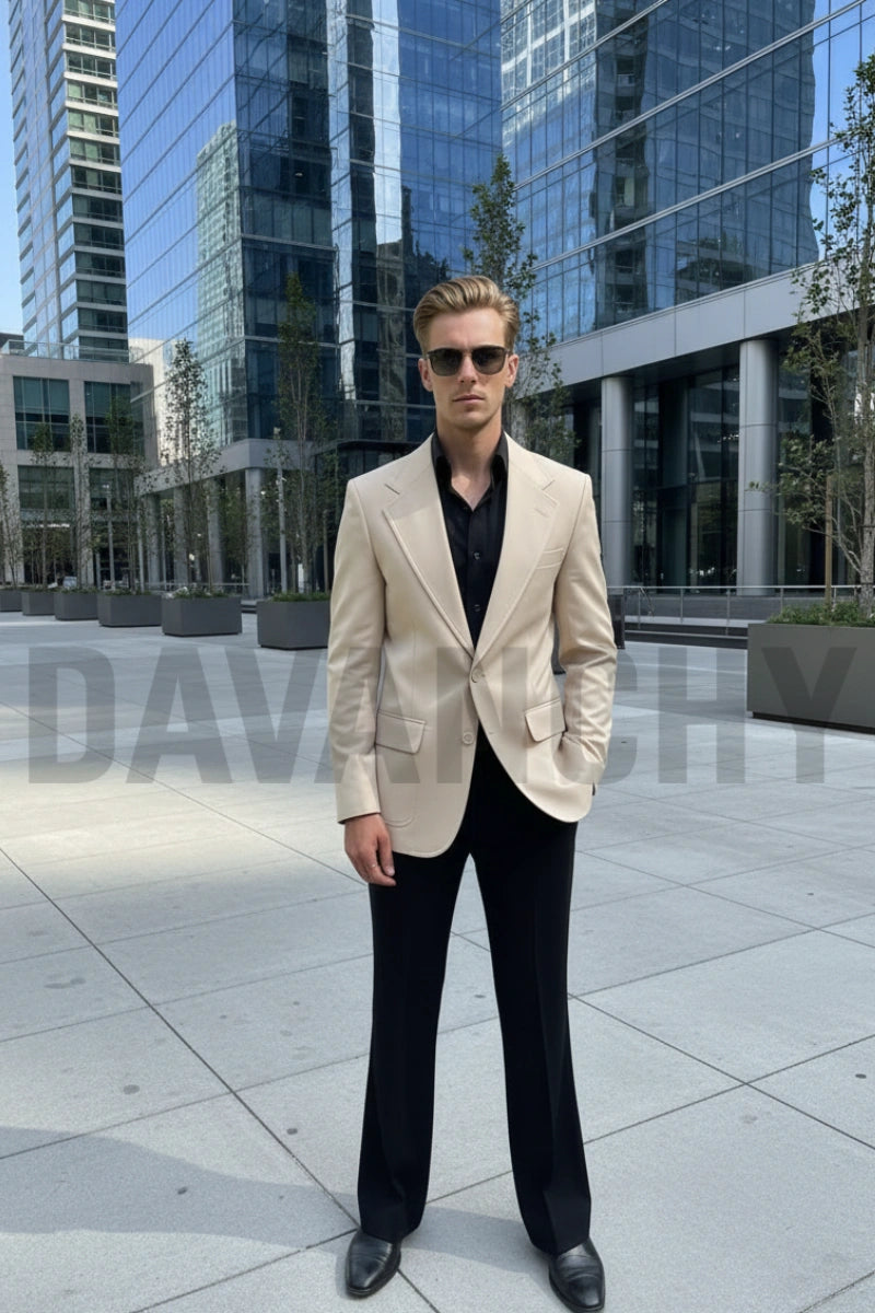 Men beige blazer with black trousers two piece suit-Front