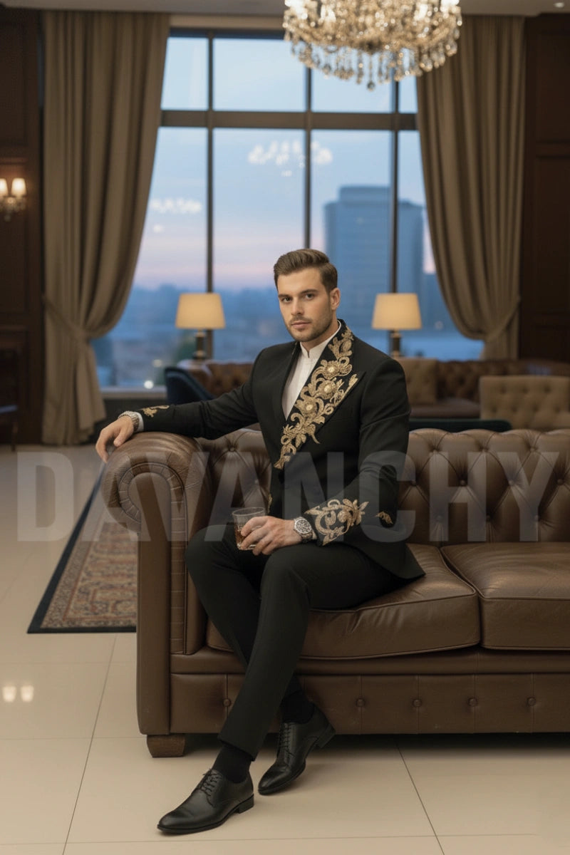 Black suit with gold embroidery wedding wear for men-Side