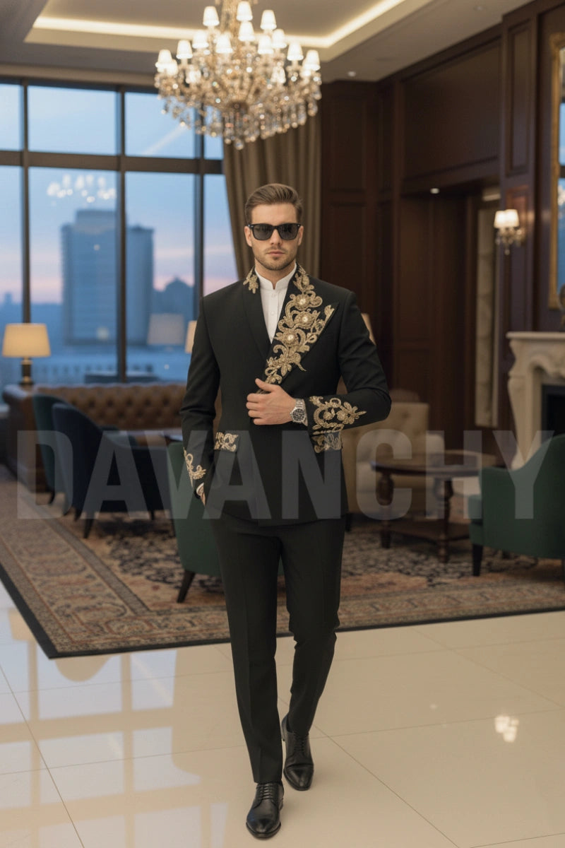 Men black embroidered suit-Front