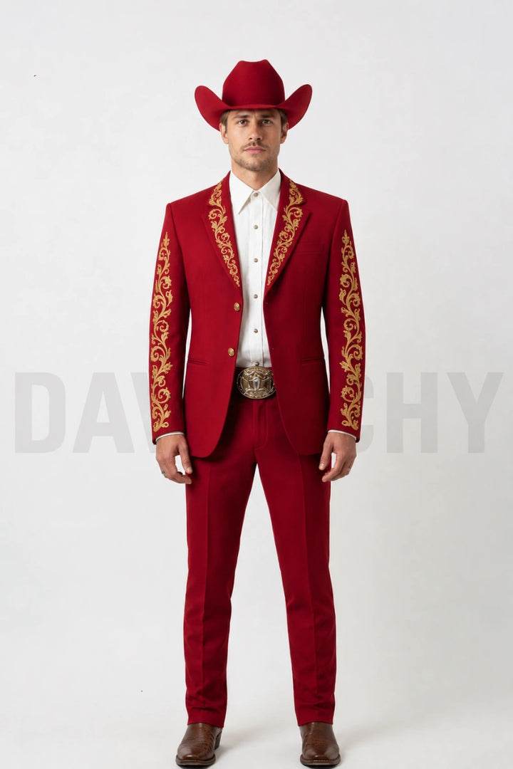 Men designer red two-piece suit with gold embroidery – perfect for weddings and proms-Front