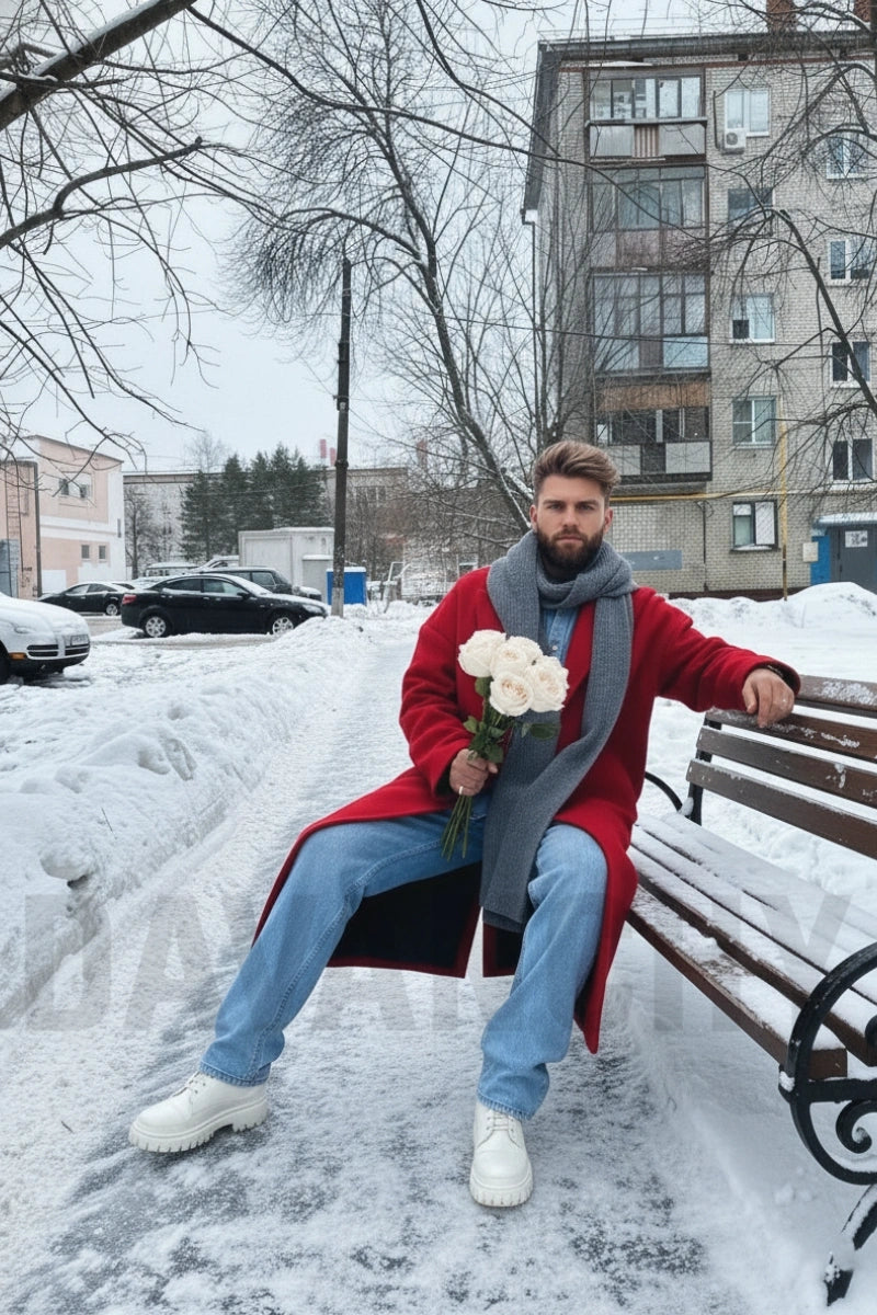 Stylish men’s long red coat-Front