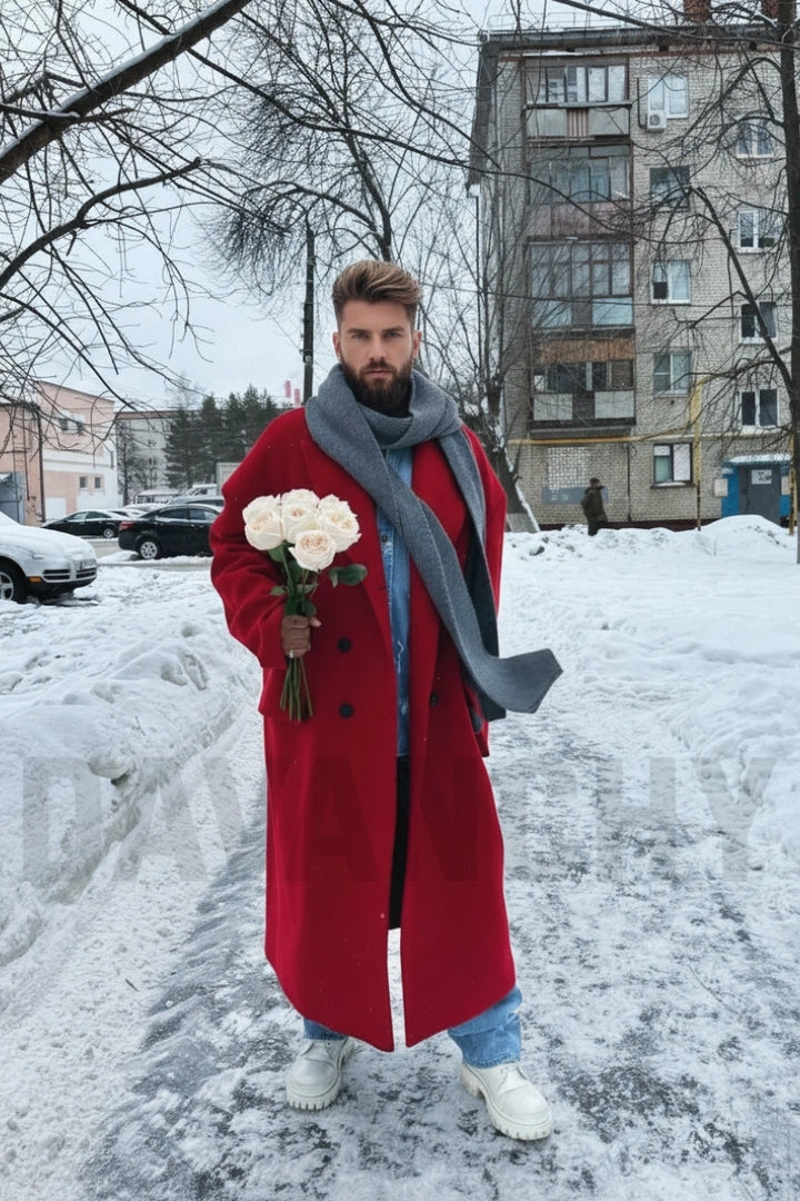 Men red wool overcoat-Front