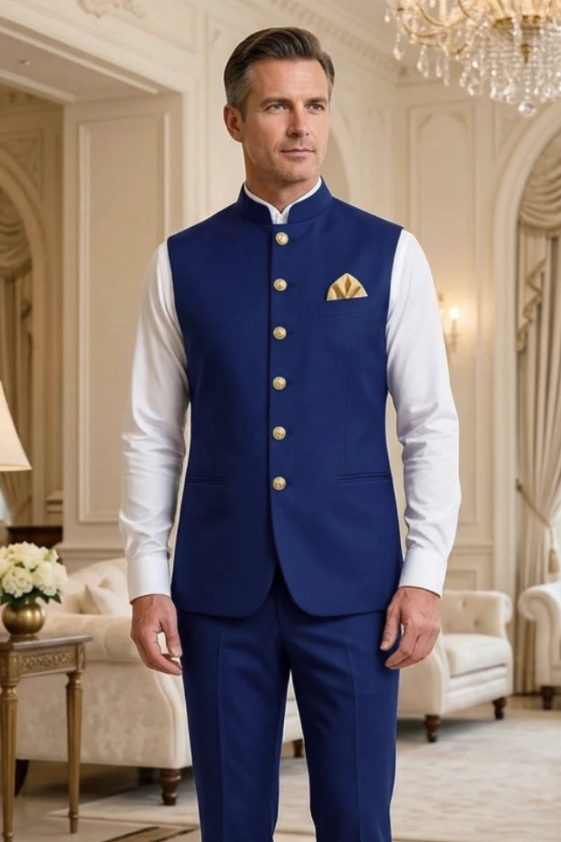 Elegant Royal Blue Nehru Jacket for Men – Front