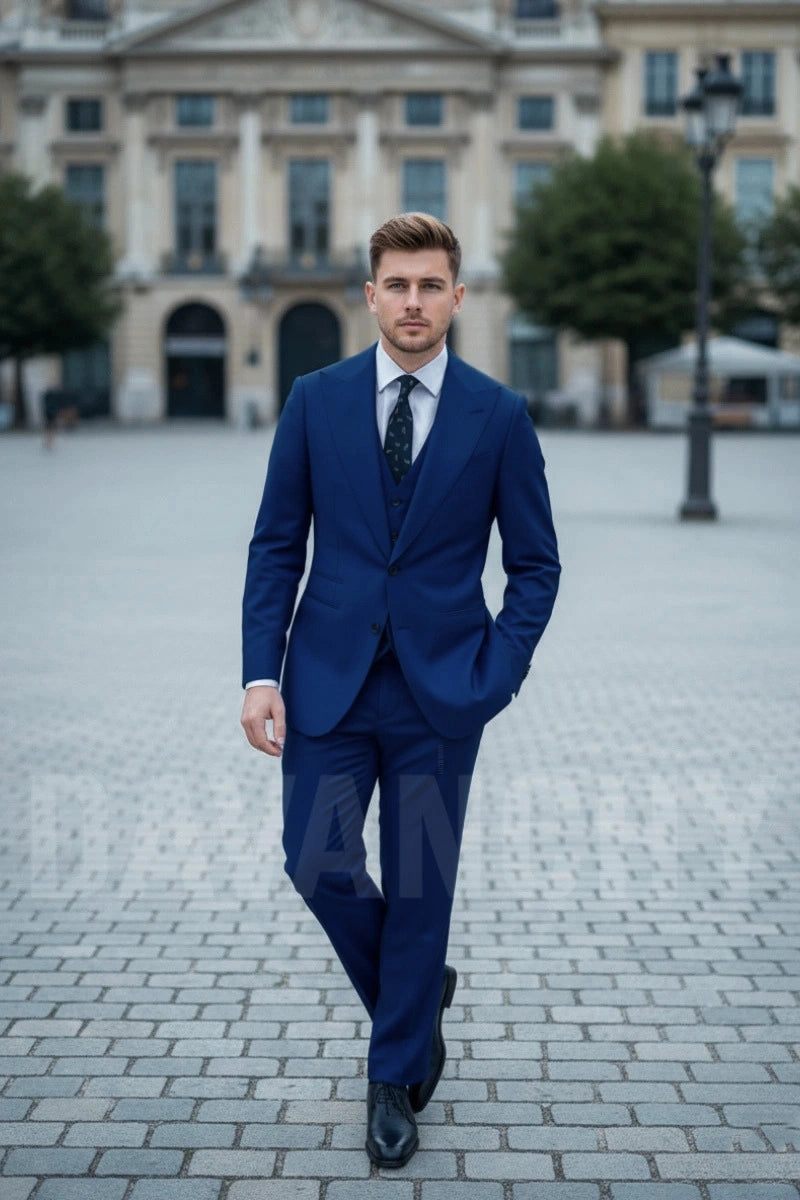Men royal blue three-piece suit-Front