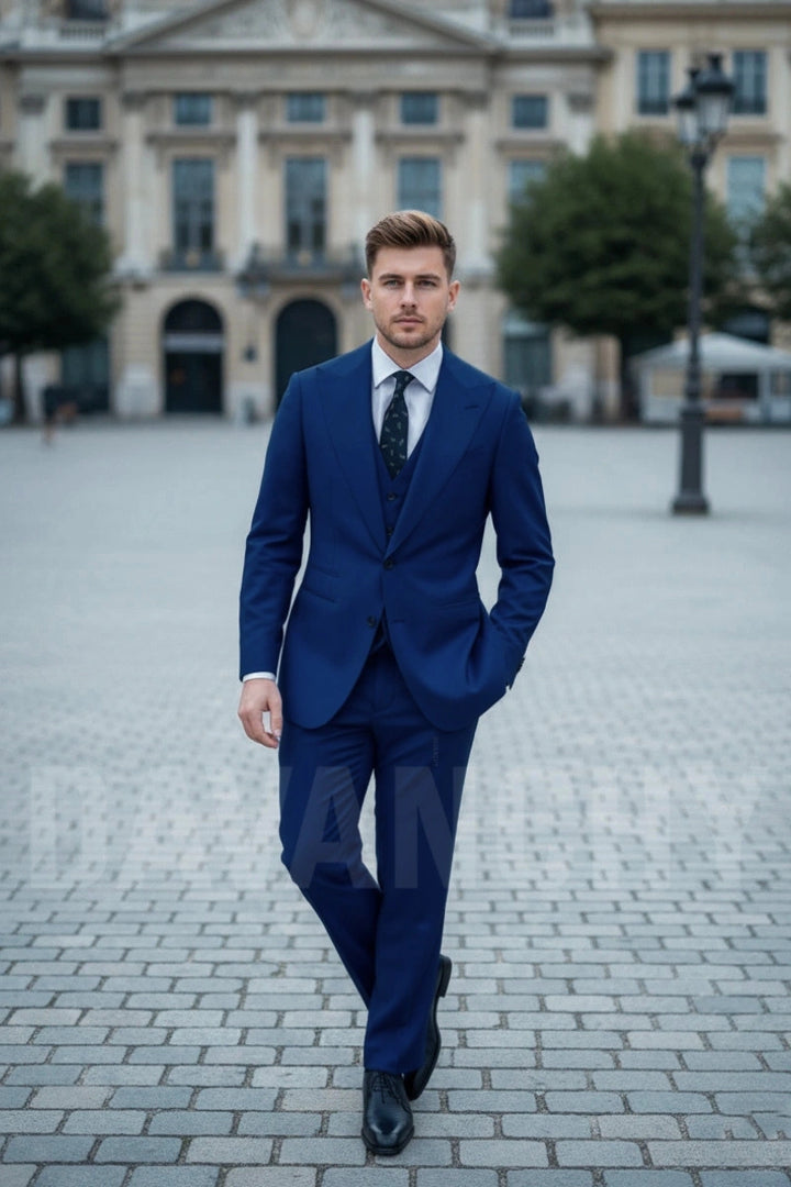 Men royal blue three-piece suit-Front