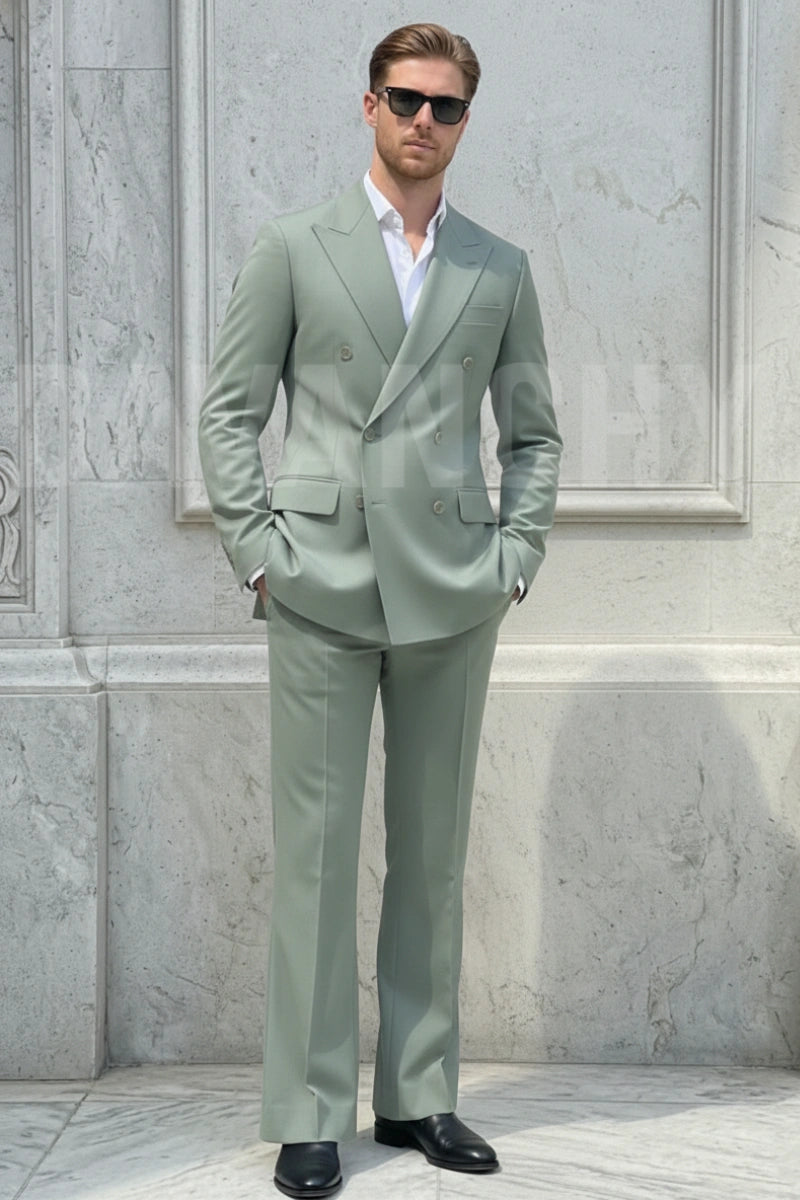 Sage green double breasted suit for men-Front