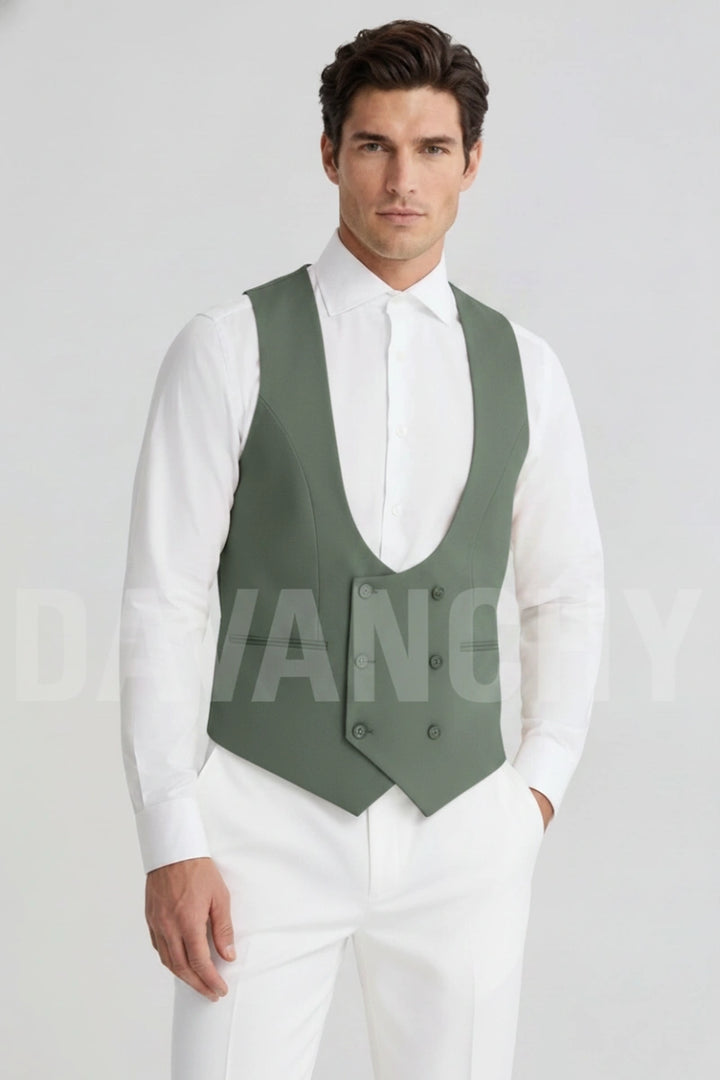Men Sage Green Double Breasted Waistcoat-Front