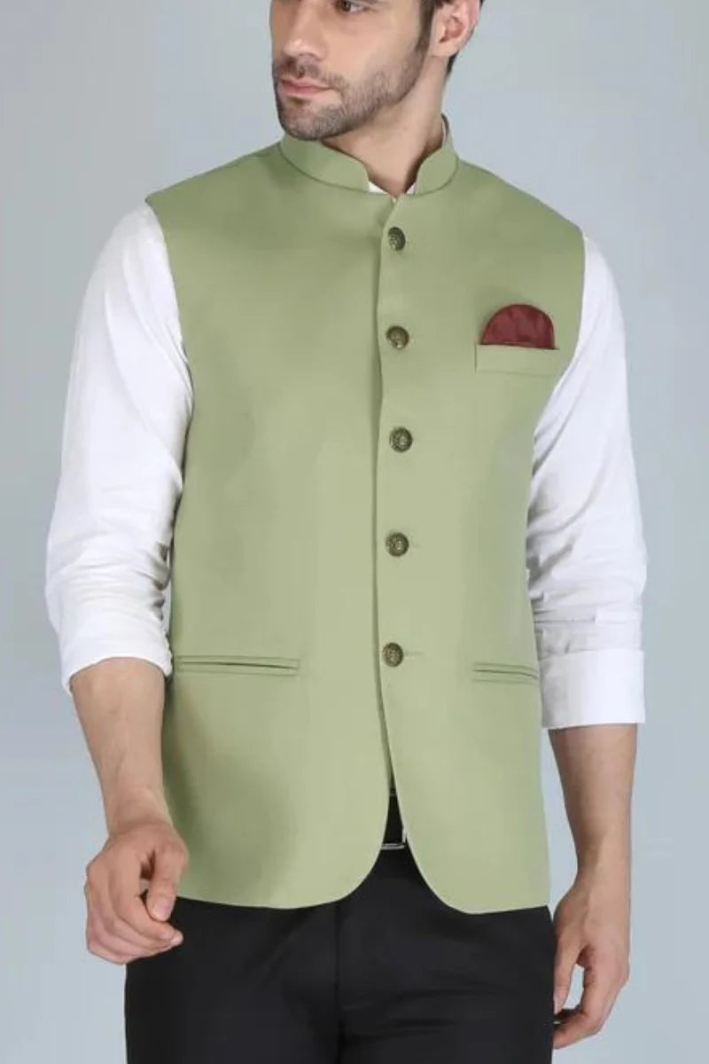 Men Half Jacket Ethnic Wear Traditional Wedding Jacket Green DaVanchy