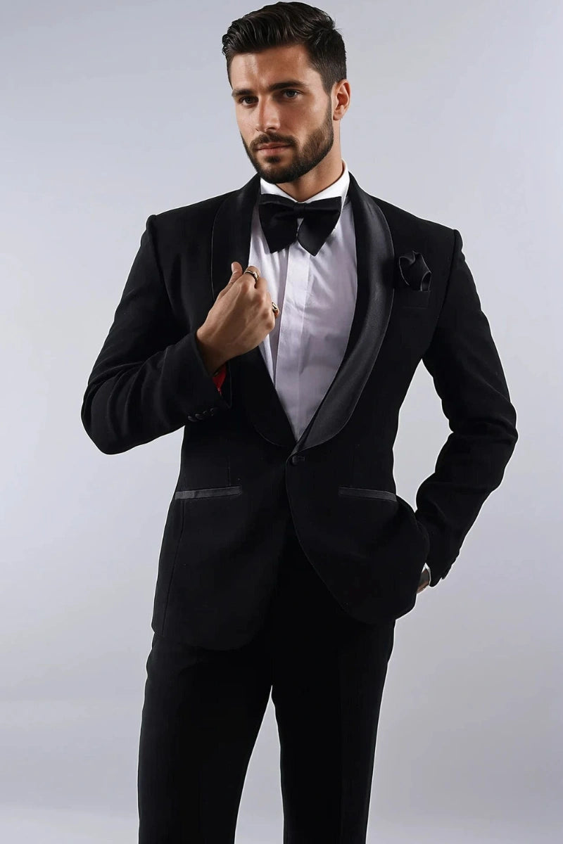 Men’s black two-piece tuxedo suit with shawl lapel-Front