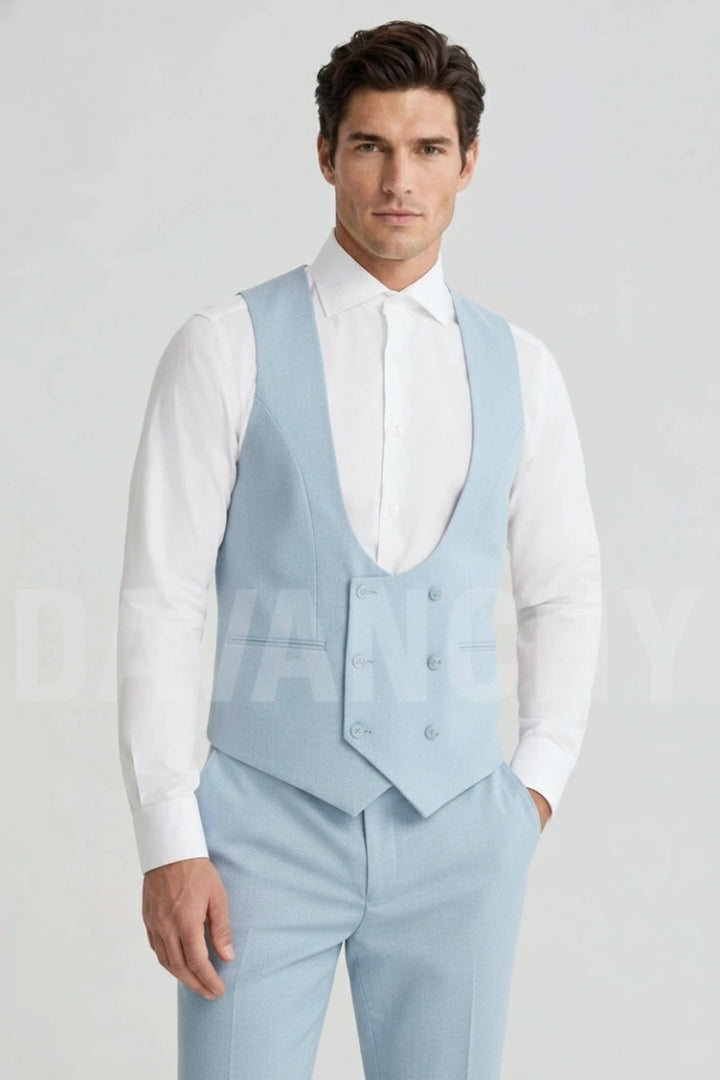 Men Sky Blue Formal Double Breasted Waistcoat-Front