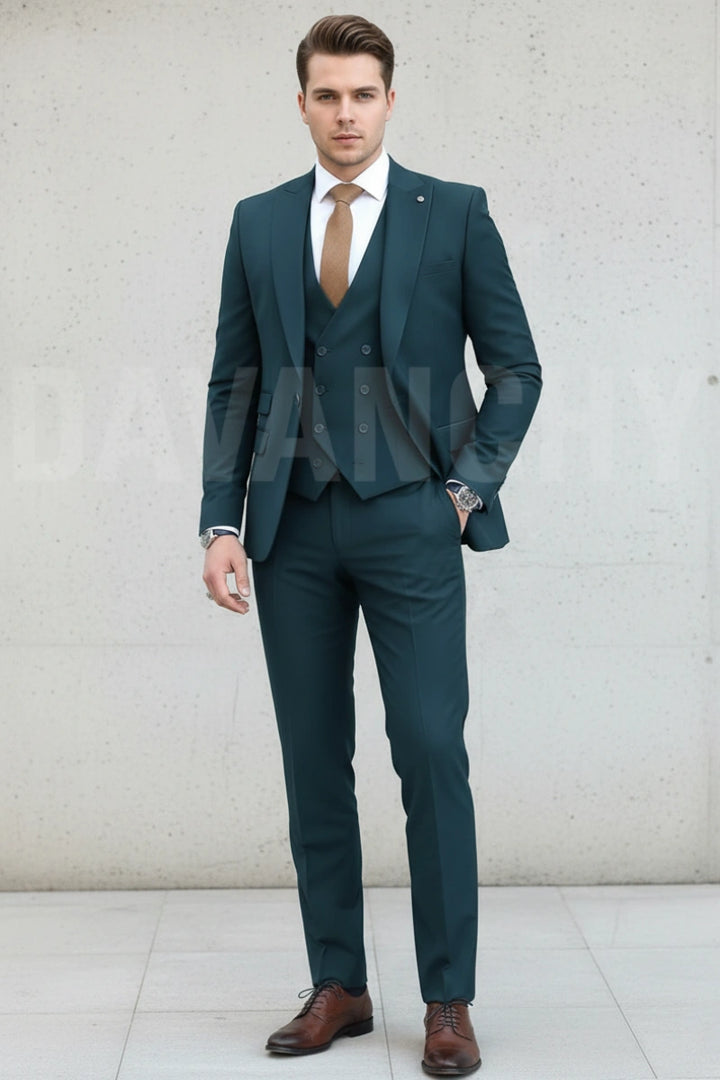 Men teal blue three piece formal suit-Front
