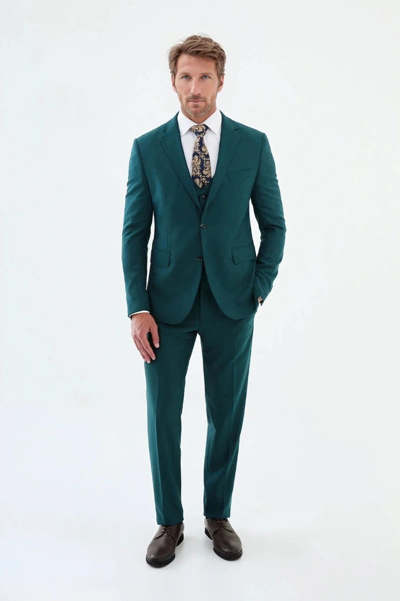 Men’s bespoke three piece teal green suit-Front