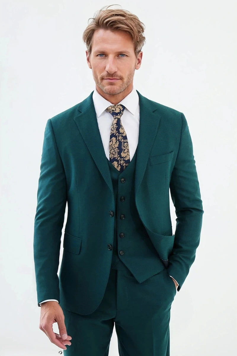 Men classic teal blue three-piece suit-Front