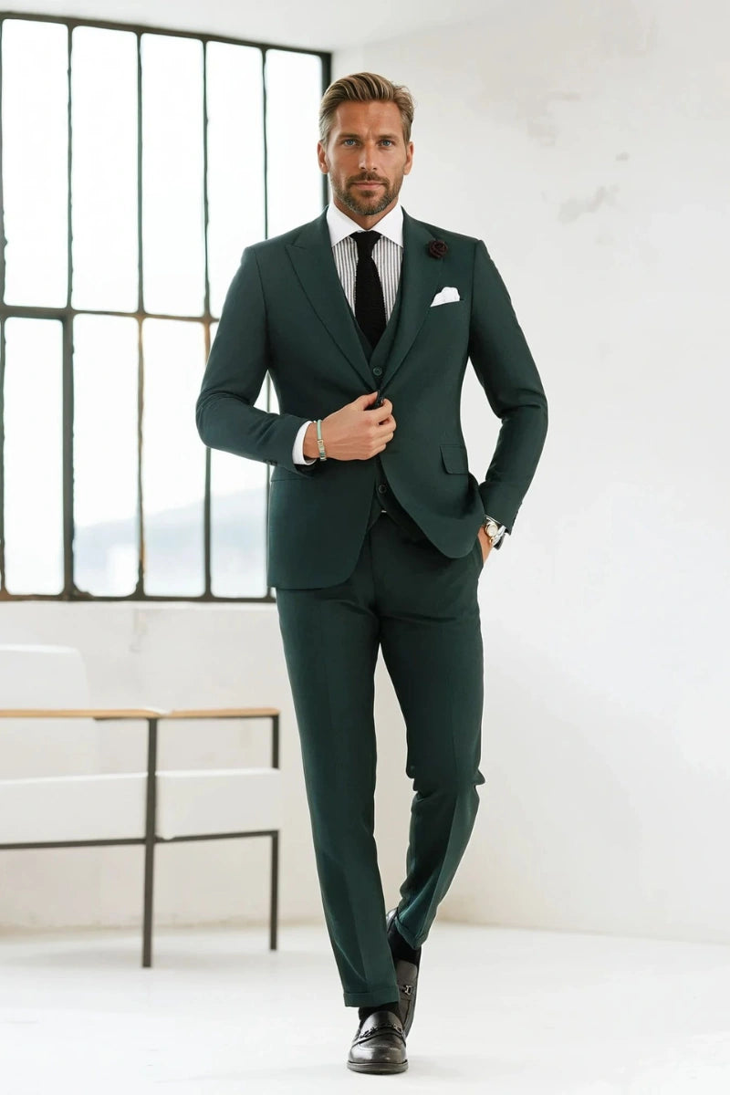 Men’s 3-piece suit with peak lapel coat, V-neck waistcoat, and flat-front trousers.-Front