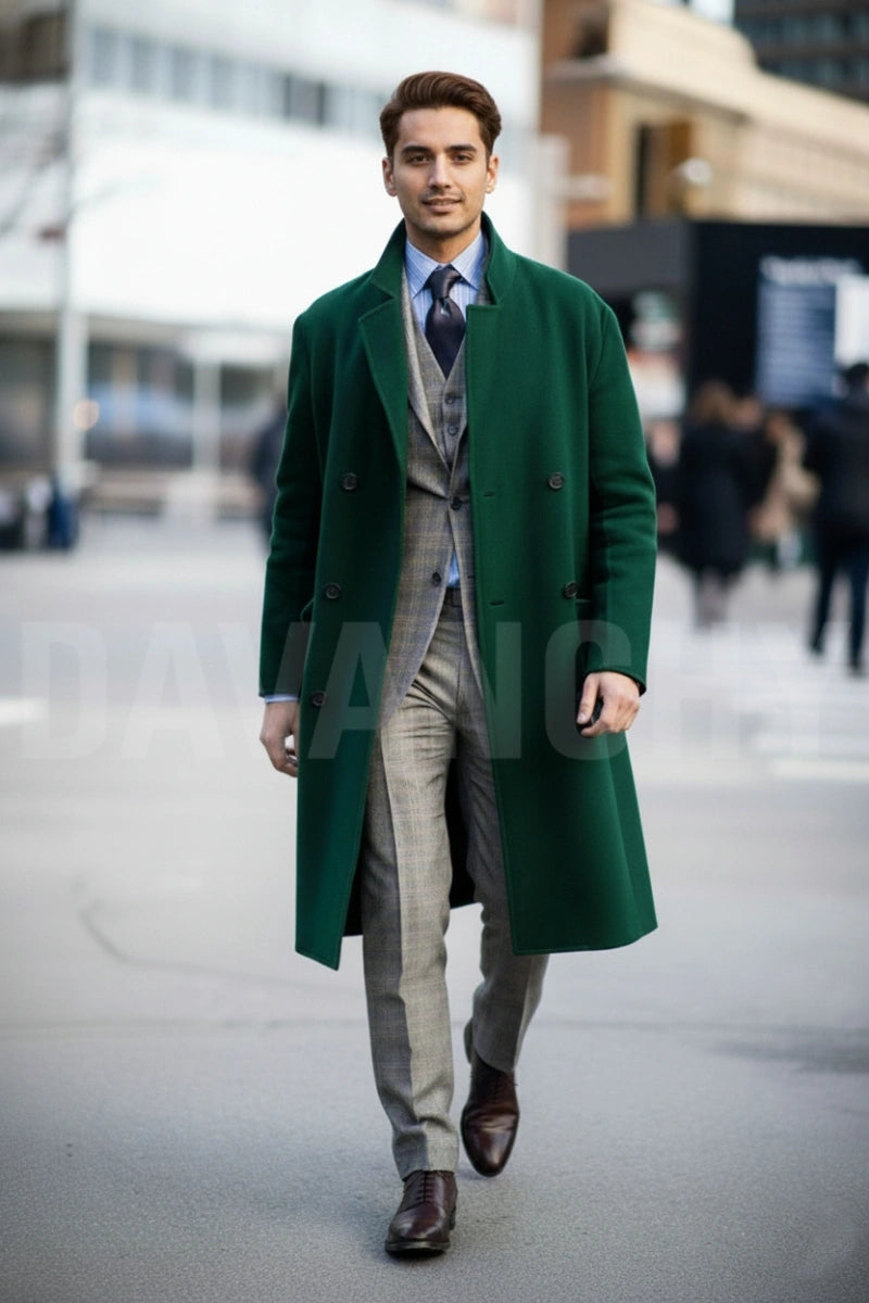Men Green Tweed Vintage Overcoat -Front